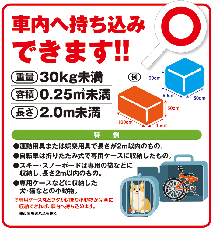 車内へ持ち込みできます!!
重量30Kg未満
容積025㎥未満
長さ2.0m未満
特例
運動用具または娯楽用具で長さが2m以内のもの。
自転車は折りたたみ式で専用ケースに収納したもの。
スキー・スノーボードは専用の袋などに収納し、長さ2m以内のもの。
専用ケースなどに収納した犬・猫などの小動物。
※専用ケースなどフタが閉まり小動物が完全に収納できれば、車内へ持ち込めます。
「ポテトライナー」「流氷もんべつ号」「高速あさひかわ号」「高速おたる号」を除く